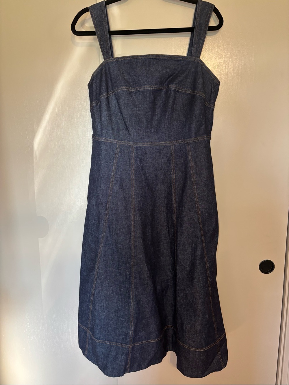 NWT Boden Dark Blue Denim Midi Dress with Square Neck and Wide Straps size 8